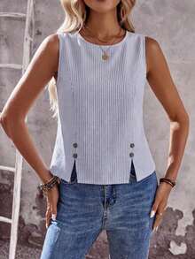 Camisa sin mangas de unicolor con diseño de botones para mujer - Azul y blanco - Ver 8