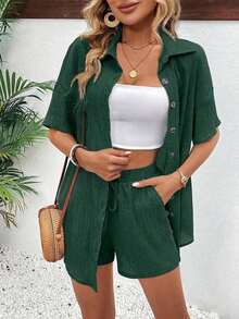 Conjunto de 2 piezas con blusa de manga corta de cuello de botones y shorts con lazo delantero, sencillo, para mujer - Verde Oliva - Ver 5