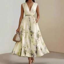 Women's Sleeveless Printed Midi Dress, Elegant And Modern Long V-Neck, Ideal For Holidays And Casual Events - 黃色 - 查看 4