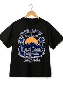 Camiseta de la Playa Sunset de la  Oeste de California - Camiseta Gráfica Retro de Los Ángeles para Hombres y Mujeres - Negro - Ver 7