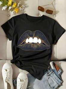 Womens Cotton Black Round Neck Short Sleeve T-Shirt with Unique Gold Line Lips Print Medium Stretch Fabric Top - Negro - Ver 1
