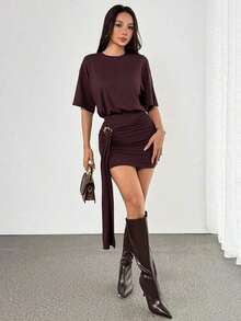Vestido camiseta con detalle de anillo de drapeado, falda ajustada, hombros cuadrados, corte holgado, estilo casual, elegante y sexy para salir, otoño, primavera y verano, color toffee, ideal para Navidad y Acción de Gracias, con estilo chic - Marrón - Ver 9