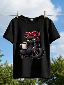 1pc lindo gato café impresión camiseta de manga corta | De moda, elegante, cómodo, transpirable, adecuado para el día de San Valentín, vacaciones, graduación, primavera, estilo Y2K, unisex, regalo de parejas - Negro - Ver 2