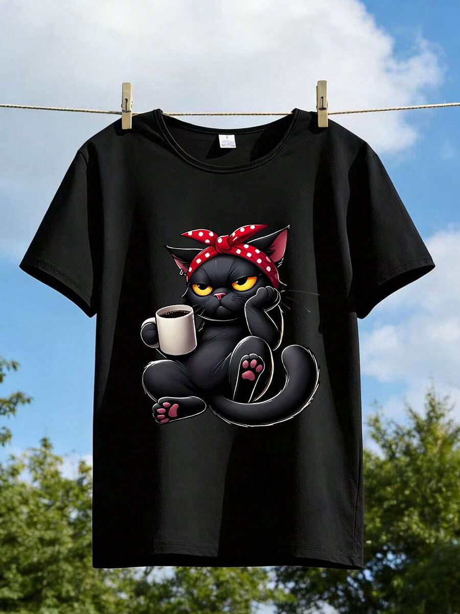 1pc lindo gato café impresión camiseta de manga corta | De moda, elegante, cómodo, transpirable, adecuado para el día de San Valentín, vacaciones, graduación, primavera, estilo Y2K, unisex, regalo de parejas