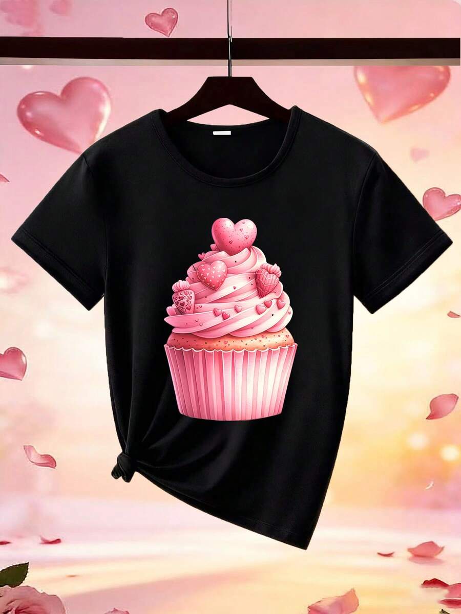 Camiseta de primavera de mujer de edición limitada de 1pc Día de San Valentín - Impresión de manga corta de moda con diseño de pastel de fresa en forma de corazón, perfecto para un día romántico de San Valentín. Ideal para parejas, cómodo, suave
