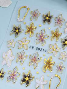 2片装5D透明渐变芙蓉花美甲贴纸，自粘金色轮廓热带海滩花卉图案，夏季假日美甲装饰，女士DIY美甲配件 - 彩色 - 查看 5