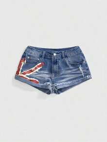 Grunge Punk Shorts vaqueros de cintura baja con estampado de bandera nacional de estilo vintage Y2K sexy para mujeres, para conciertos y festivales de verano - Azul 2 - Ver 5
