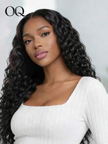 OQ M Model Water Wave Curly Human Hair Pre-Cut 9x6 Inch Transparent Lace Bleached Knots No Glue No Adhesive 200% Density 16-28 Inch Pre-Trimmed Hairline No Glue Needed Beginner Friendly Natural Color - SNatural - View 3