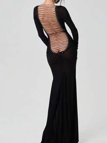 European And American Style Fitted Top With Hollow Lace Design - Black - View 1