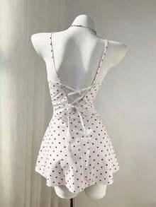 Vestido mini ajustado de línea A, sexy, con camisola de lunares - Rojo - Ver 2