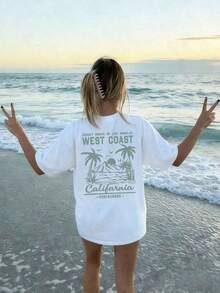 Women's Short-Sleeved, Round-Neck T-Shirt In A Casual, Summery Style, Featuring A Simple And Versatile Palm Tree Slogan Print, Suitable For Everyday Wear. Graphic T-Shirt, Women's Vacation Top. - 白色 2 - 查看 1