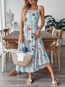 Vestido deslizante casual y elegante con diseño de cintura elástica, lazo de moño y estampado floral para vacaciones y uso diario de mujer - Azul - Ver 4
