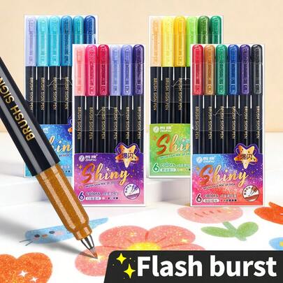 6pcs/24colors Shinning Watercolor Gel Pen Set,Pack Shiny Glittery Color Gel Ink Rollerball Pens Set, 1.0mm Fine Point, Assorted Fluorescent Colors, Durable Plastic Material For Students And Journaling