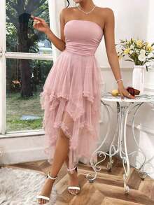 Vestido largo de mujer de unicolor con panel de malla sin tirantes - Rosa - Ver 5