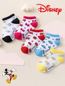 Disney 10/5/1 双装儿童彩色船袜，迪士尼可爱卡通蝴蝶结印花图案，甜美风格，夏季必备，欧美尺码，舒适透气，经久耐穿，适合日常穿着，色彩缤纷的儿童袜子，返校必备，精美礼物 - 彩色 - 查看 5