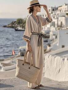 Holidaya Mono de mujer con cuello en V, estampado digital, con cinturón en la cintura, manga 3/4, versátil para vacaciones, playa, verano y otoño, nueva llegada 2026, elegante y de moda para uso diario, ir al trabajo, citas, fiestas de noche, jardín - Multicolor - Ver 3