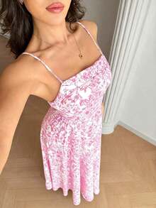 Raffinéa Vestido casual largo con estampado floral de porcelana azul y blanco, con tirantes finos y espalda descubierta que cintura la cintura, elegante para primavera/verano y vacaciones - Rosa - Ver 5