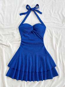 AVestido mini sexy con espalda descubierta, corbata en el cuello, dobladillo fruncido y doble capa, adecuado para fiestas, citas, San Valentín - azul real - Ver 7