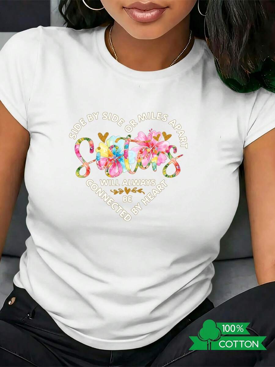 ModaModaCamiseta de Cuello Redondo para Mujer con Estampado de Letras de Anime, Diseño Sencillo, Cómoda y Transpirable, Ideal para Uso Diario Casual, Presentando un Estilo Veraniego Refrescante, Esencial para Fiestas, Envío Local, Estampado Floral Bonito - Blanco - Ver 1