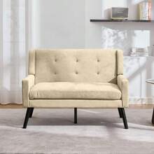 Premium Linen Bench (2-Seater) With Non-Slip Solid Wood Legs And High-Density Foam Cushion – Button-Upholstered Accent Chair For Living Room, Bedroom And Office - Beige - View 7