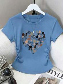 Blusa casual de mujer con estampado de leopardo, cintura fruncida, adecuada para exteriores, citas, vuelta al colegio, versátil, color vino tinto con diseño de corazón - Azul marino 3 - Ver 1