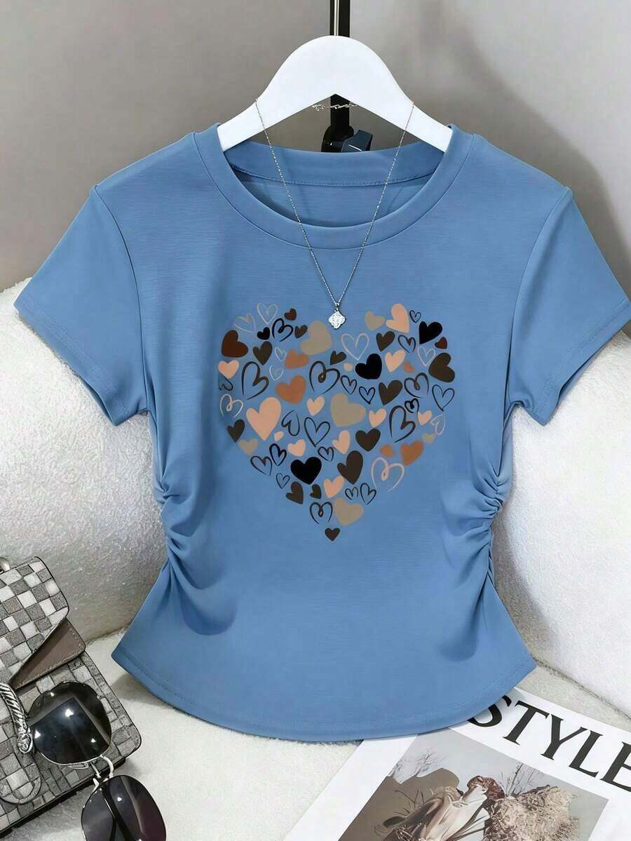 Blusa casual de mujer con estampado de leopardo, cintura fruncida, adecuada para exteriores, citas, vuelta al colegio, versátil, color vino tinto con diseño de corazón - Azul marino 3 - Ver 1