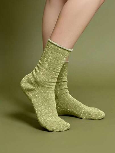 1 Pair Women's Socks, Spring/Summer Style, Onion Green With Shiny Metallic Glitter Cuff, Sexy Mid-Calf Socks