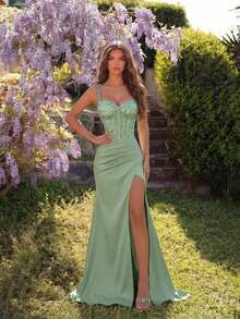 Vestido maxi elegante de mujer con parches de lentejuelas, tirantes gruesos, escote en V pequeño, cintura alta, plisado, abertura alta en la espalda, adecuado para gala, invitada de boda, baile de graduación, cita, cena formal, fiesta de cumpleaños, fiesta festiva, reunión familiar en primavera - Verde - Ver 6