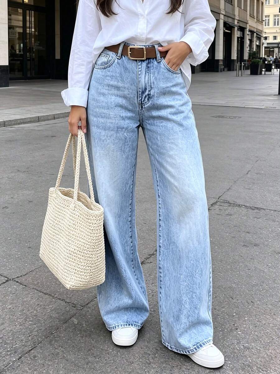 Quần jeans ống rộng dáng suông tối giản màu sáng, kiểu dáng thường ngày. - Rửa nhẹ - Xem 1