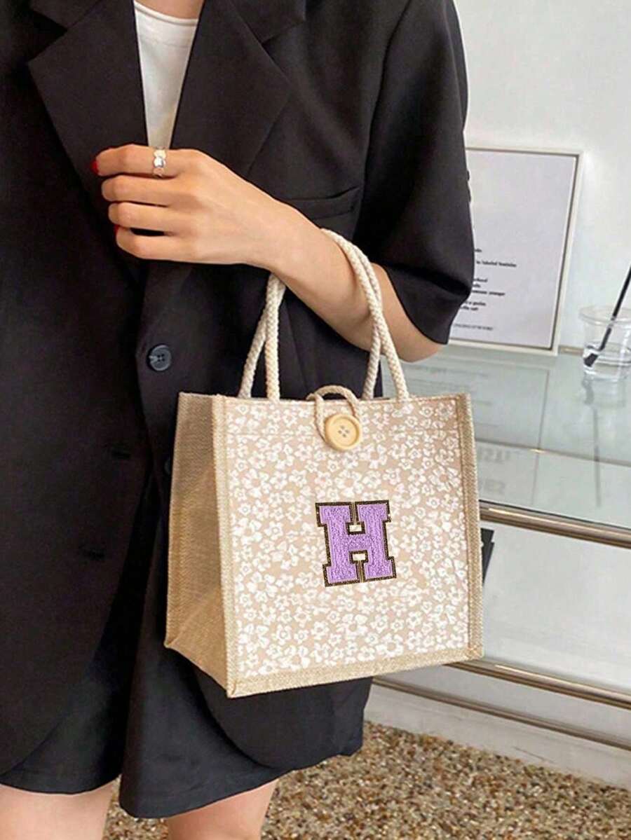 1pc Embroidered Letter Pattern Handbag, Floral Print Linen Tote Bag, Ditsy Floral Linen Decorative Button Handbag, Minimalist Large Capacity Handbag, Portable Casual Storage Tote Bag, Multifunctional Shopping Bag - Multicolor - View 1