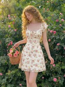 Vestido sin mangas con cuello redondo, fruncido en el pecho y estampado floral vintage para mujer, ideal para el verano - Blanco - Ver 2