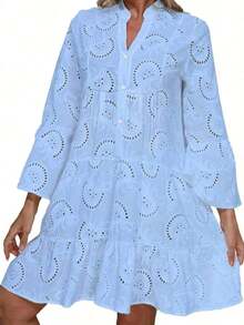 Vestido blanco de manga larga, elegante y holgado con encaje calado y abertura frontal para mujer, de estilo casual y primaveral - Celeste - Ver 4