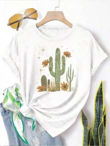 Camiseta con Estampado de Cactus del Desierto, Estilo Casual de Verano, Cuello Redondo y Manga Corta, Diseño para Amantes de los Cactus, Suave y Amigable con la Piel, Transpirable, Ajuste Versátil, Secado Rápido y Transpirable, Fresca y No Atrapado, Elástica y Cómoda, Adecuada para Uso Diario. - Blanco - Ver 7