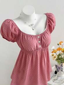Blusa de manga corta con estampado de lunares y cuello cuadrado cómoda para mujer - Rosa vieja - Ver 3