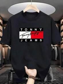 Graphic With Rectangular Blocks In White, Red And Black Accompanied By A Stylized Signature Evoking Urban Spirit And Contemporary Fashion To Convey Confidence And Authenticity. T-Shirt, 100% Cotton, Comfortable And Durable For Everyday Wear - 黑色 - 查看 8