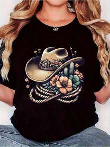 1 Pieza Camiseta De PatróN De Sombrero De Mezclilla Floral Retro Para Damas, Seda SintéTica Suave De Manga Corta Cuello Redondo, DiseñO De Estilo Occidental Con Acentos De Cactus Y Cuerda, Top Casual Retro Impreso Negro 180G 100% AlgodóN Suave - Negro - Ver 6