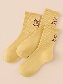 3 Pairs Women's Fresh Candy Color Personalized Letter College Style Mid-Calf Socks - Yellow - View 6