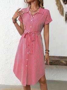 Vestido midi casual de mujer con botones frontales a rayas, vestido de verano con cintura anudada, vestido de trabajo de verano, vestido preppy, vestido con botones para mujer, vestido a rayas azul, vestidos de verano para mujer, conjuntos de v - Rojo y blanco - Ver 4