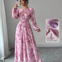 Women's Summer Chiffon Butterfly Print Ruched Round Neck Long Sleeve Dress Modest Dress Floral Dress Maxi Dress Printed Dress Yellow Floral Dress For Women Yelloe Dress Zanzea Dress For Women Ycv9w Discount Code For Woman Dress - Azul - Ver 2