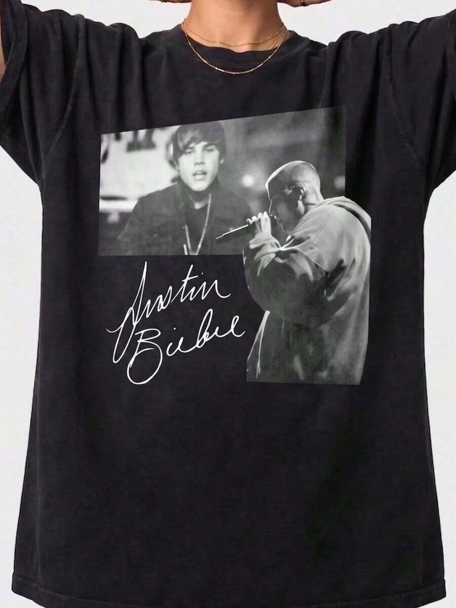 Fashion Print Casual T-Shirt , Singing T-Shirt ,Pop Music Shirt, Vintage Style Fan Tee ,Bieber Merch T-Shirt,  Tour,Available In Sizes For Both Children And Adults During,Plus Size  S-5XL - 黑色 - 查看 1