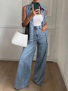 Conjunto de 2 piezas para mujeres compuesto por un chaleco de mezclilla lavada con cuello y pantalones anchos de pierna larga - Azul lavado medio - Ver 7