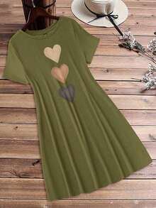 Vestido ajustado mini de manga corta con cuello redondo e impresión de amor casual para mujeres, verano - Verde militar - Ver 1
