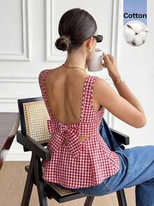 sin mangas con cuello de barco, unicolor, espalda descubierta, decoración de lazo, bajo con volantes, versátil, para vacaciones y citas - Rojo - Ver 3