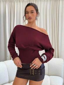 Suéter morado de manga larga, cuello asimétrico y hombros descubiertos, de punto ajustado para mujer, para otoño/invierno - Burdeos - Ver 4