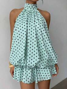 Vestido mini elegante de mujer con estampado de lunares y escote halter sin espalda - Verde - Ver 3
