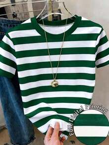 Camiseta de mujer de manga corta, cuello redondo y rayas, informal, para verano - Multicolor 9 - Ver 5