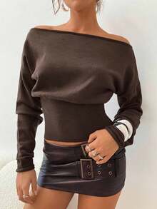 Suéter morado de manga larga, cuello asimétrico y hombros descubiertos, de punto ajustado para mujer, para otoño/invierno - Marrón - Ver 6