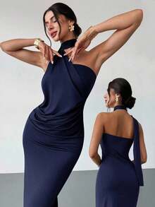 Vestido suelto con mangas acampanadas asimétricas de color marrón moca para mujer, vestido largo de moda, ropa de primavera/verano, adecuado para ir al trabajo, elegante, sexy, vacaciones, playa, estilo bohemio, Hawái, festivales de música, fiestas, atuendo de trabajo - Azul marino - Ver 1