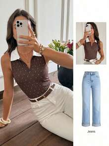 Camiseta de tirantes de mujer con cuello polo, estilo minimalista casual, a rayas blancas y azul marino, adecuada para uso diario en primavera/verano, vacaciones, ir al trabajo, citas, fiestas, otoño/invierno, fiestas, bodas, playa, graduación, mo - Marrón - Ver 9