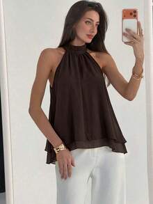 Blusa sin mangas de unicolor elegante y brillante para mujer, de verano - Café integral - Ver 6